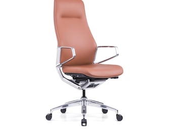 Premium Leather Office Chair, Tan. Reddot Design Award Winner, Full Back, Ergonomic Computer Chair, Designers Chair, Work from Home