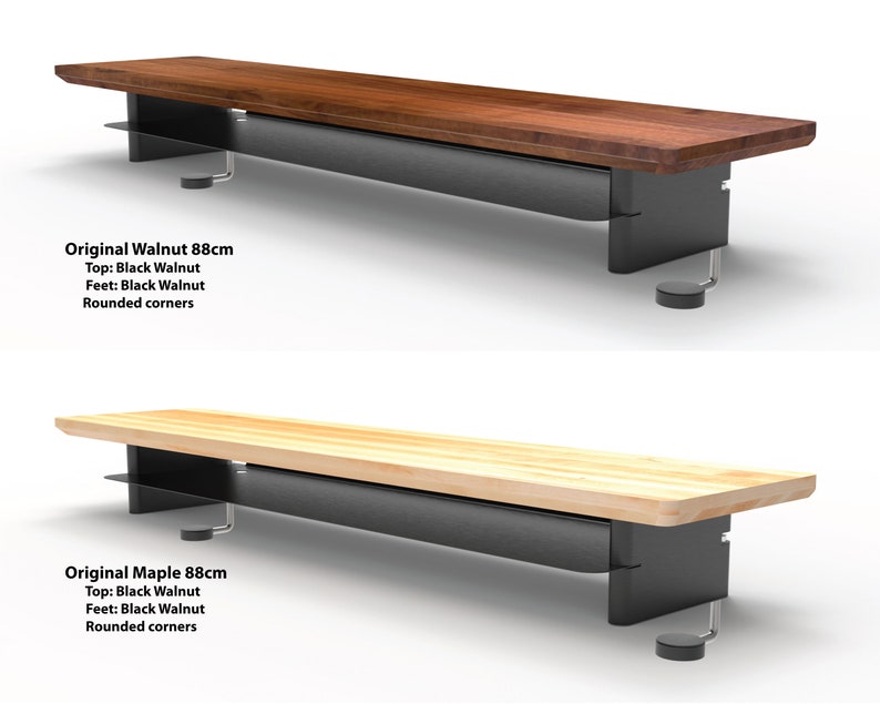 May include: Two wooden shelves with black walnut feet and rounded corners. The top shelf is made of black walnut wood and the bottom shelf is made of maple wood. Both shelves are 88 cm long.