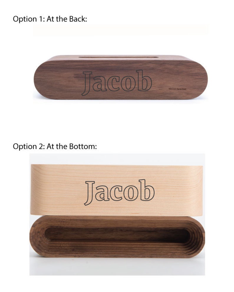 May include: A wooden speaker with the name "Jacob" engraved on the top. The speaker is made of light and dark wood.