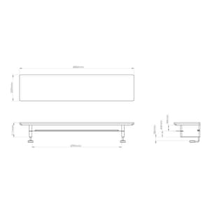 May include: A black metal shelf with a rectangular top and two supports. The shelf is 690mm wide, 880mm long, and 111mm high. The shelf is designed for a bathroom or shower.