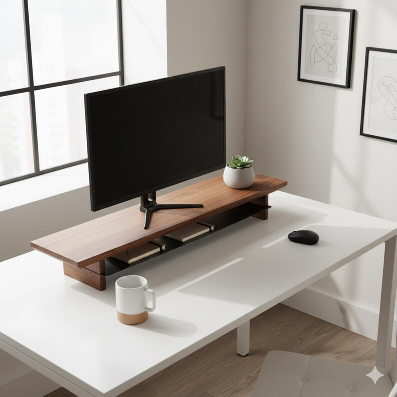 Ergonomic Wood Monitor Riser, Walnut Desk Organizer, Solid Wood Monitor Riser, Maple Wood, walnut riser, monitor stand wood image 13