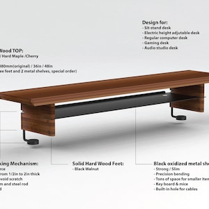 May include: A wooden desk with a black metal shelf. The desk is made of solid hardwood and has a unique locking mechanism. The desk is 8 inches wide and can be customized to be up to 60 inches long. The desk is designed for use as a sit-stand desk, electric height adjustable desk, regular computer desk, gaming desk, or audio studio desk.