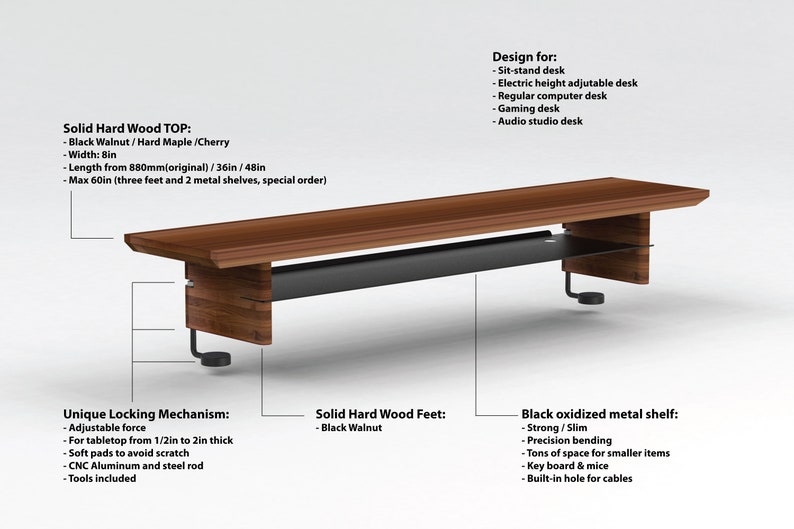 May include: A wooden desk with a black metal shelf. The desk is made of solid hardwood and has a unique locking mechanism. The desk is 8 inches wide and can be customized to be up to 60 inches long. The desk is designed for use as a sit-stand desk, electric height adjustable desk, regular computer desk, gaming desk, or audio studio desk.