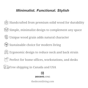 May include: A minimalist wooden laptop stand with a simple design. The stand is handcrafted from solid wood and features a unique wood grain. It is designed to reduce neck and back strain and is perfect for home offices, workstations, and desks. Free shipping in Canada and USA.