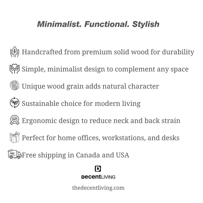 May include: A minimalist wooden laptop stand with a simple design. The stand is handcrafted from solid wood and features a unique wood grain. It is designed to reduce neck and back strain and is perfect for home offices, workstations, and desks. Free shipping in Canada and USA.