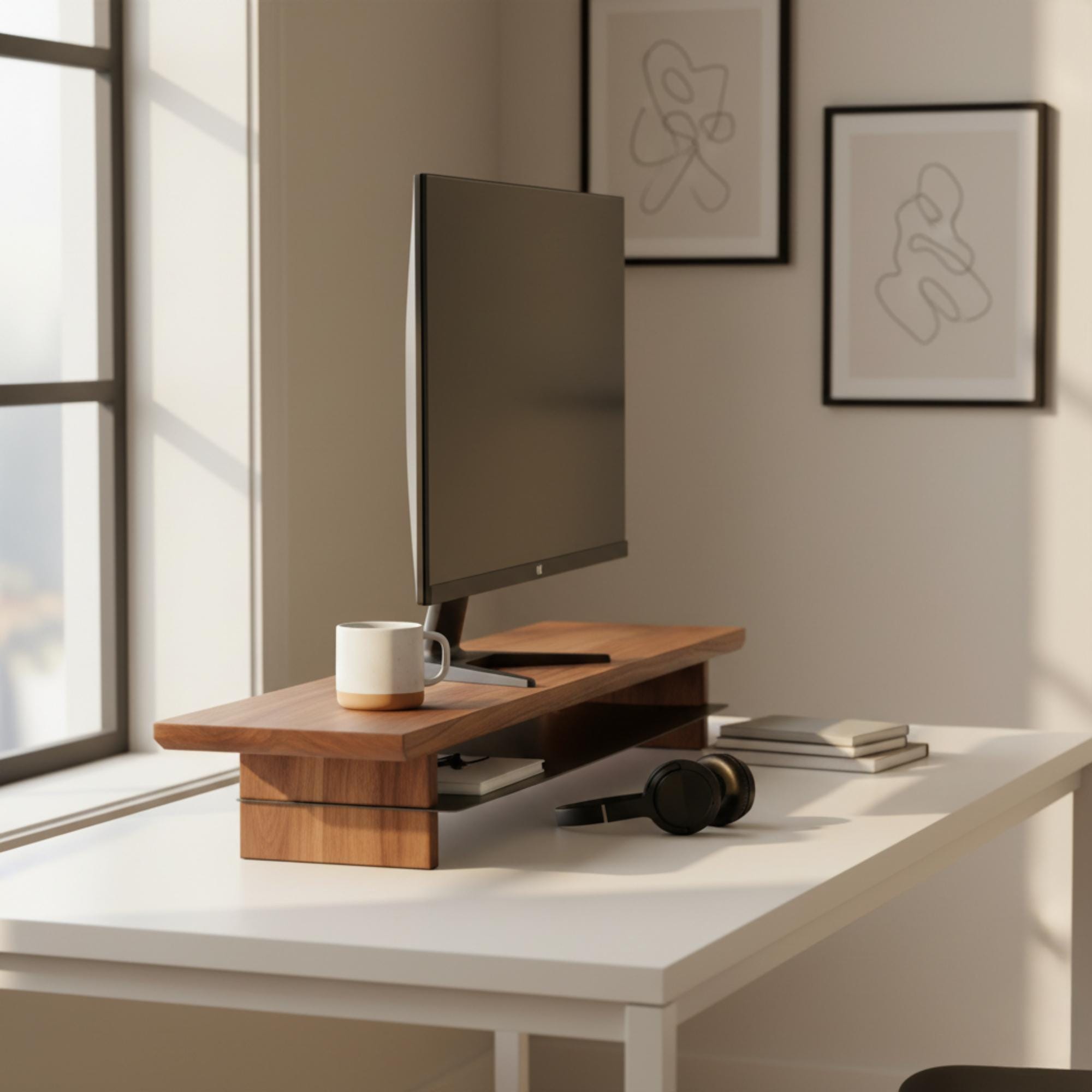 Studio Monitor Desk Riser Ergonomic Wood Monitor Riser, Walnut Desk Organizer, Solid Wood Monitor ...
