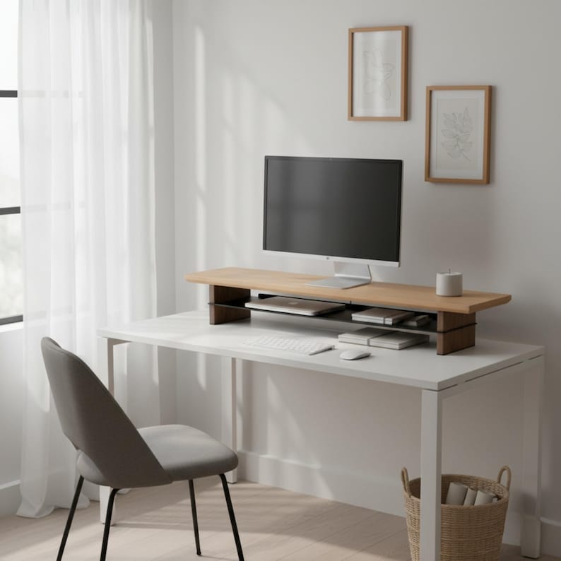 Ergonomic Wood Monitor Riser, Walnut Desk Organizer, Solid Wood Monitor Riser, Maple Wood, walnut riser, monitor stand wood image 9