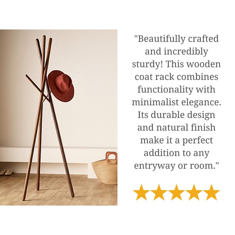 Puede incluir: Un perchero de madera con una base triangular y m&uacute;ltiples brazos para colgar abrigos y sombreros. El perchero est&aacute; hecho de madera natural y tiene un acabado marr&oacute;n. Un sombrero rojo est&aacute; colgado en uno de los brazos.
