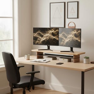 Dual Monitor Stand Riser: Wood Desk Shelf with Storage