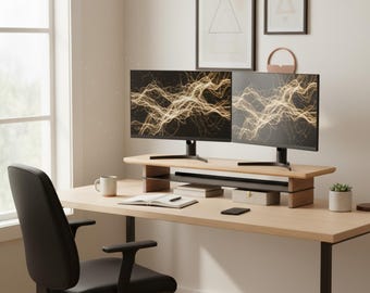 Dual Monitor Stand Riser: Wood Desk Shelf with Storage