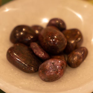 May include: A collection of tumbled red and brown gemstones in a white ceramic bowl. The stones are smooth and polished, with a natural, earthy look.