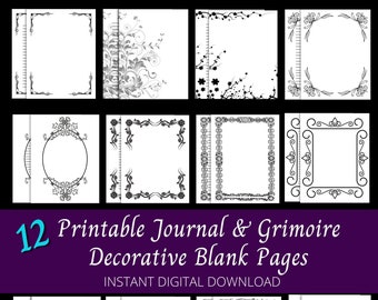 Digital Download. Decorative Journal, Stationary, or Grimoire Pages. Printable Book of Shadows Pages with Unique & Ornate Frames.