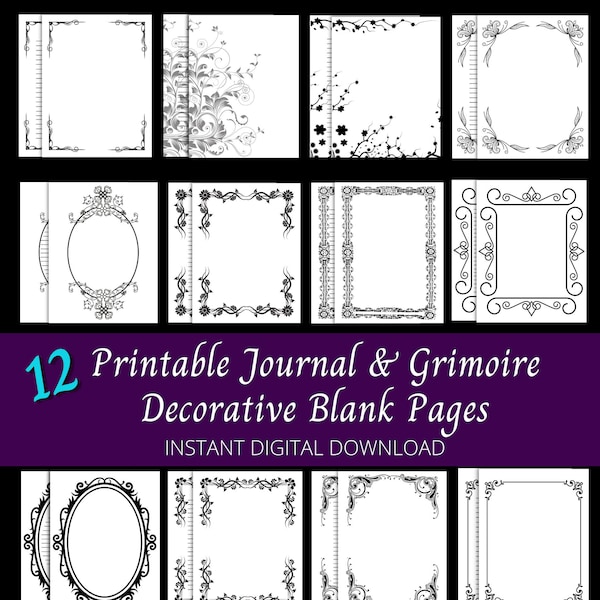 Digital Download. Decorative Journal, Stationary, or Grimoire Pages. Printable Book of Shadows Pages with Unique & Ornate Frames.