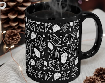 Cosmic Crystal Coffee or Tea Mug, Crystal lovers gift coffee/tea mug, 11 or 15oz Black Mug, Rock, Mineral, Geode, Crystal Aesthetic