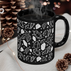 Cosmic Crystal Coffee or Tea Mug, Crystal lovers gift coffee/tea mug, 11 or 15oz Black Mug, Rock, Mineral, Geode, Crystal Aesthetic