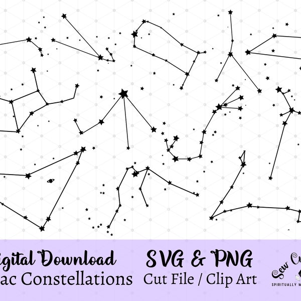 Zodiac Signs Constellation SVG Cut File, 12 Zodiac Constellations Clip Art, 12 Zodiac Constellation PNG, Zodiac Constellation Bundle