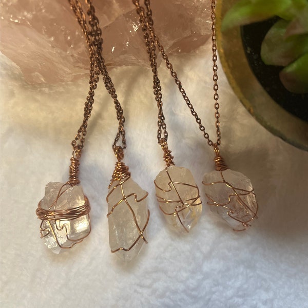 Wire Wrapped Pendant, Clear Quartz Pendant, Chunky Crystal Pendant, Wire Wrapped Pendant Necklace Gift, Healing Boho Crystal Necklace.