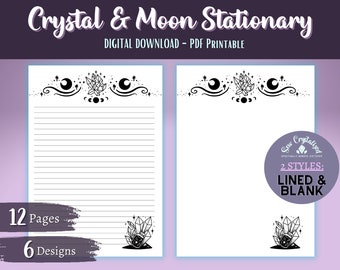 Crystal Stationary, Printable Crystal themed writing journal paper, blank & lined Grimoire pages, Journaling, Book of shadows, scrapbooking