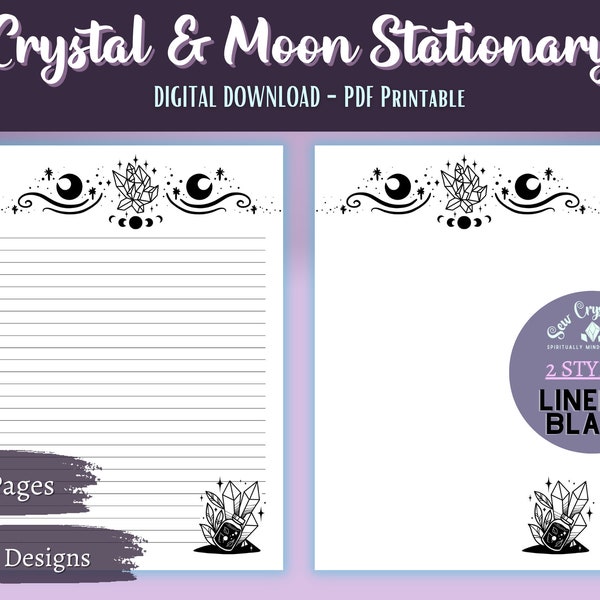 Crystal Stationary, Printable Crystal themed writing journal paper, blank & lined Grimoire pages, Journaling, Book of shadows, scrapbooking