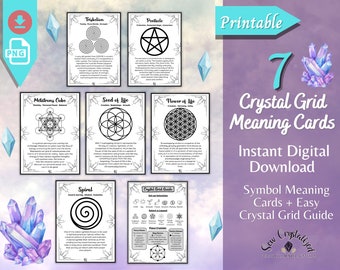 Schede con il significato della geometria sacra della griglia di cristallo stampabili, inclusa la guida alla griglia di cristallo, dimensioni 3,5 x 5 pollici. Schede di riferimento della griglia di cristallo.