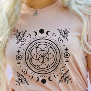 Seed of life, Sacred Geometry, Moon Phase, Moth Shirt. Boho Witchy Aesthetic Shirt. Spiritual Shirt. Festival shirt