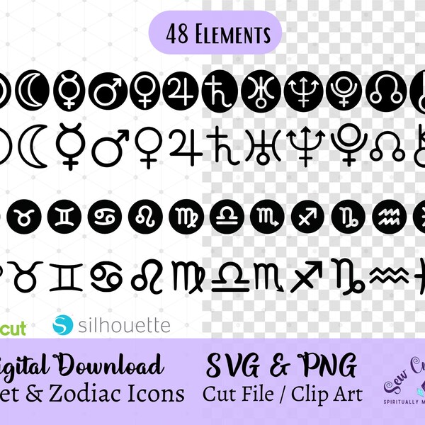 Astrology Zodiac Signs SVG Cut File, Planet Icons & Zodiac Icons for Astrology Chart, Zodiac Clip Art, Astrology PNG, Zodiac Symbol Bundle