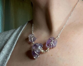 Wire Wrapped Pendant, Amethyst Pendant, Chunky Raw Amethyst Wire Wrapped Pendant Necklace Gift, Healing Boho Crystal Necklace