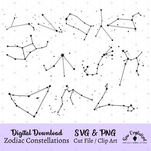 12 星座の星座 SVG カット ファイル、12 星座のクリップアート、12 星座の星座 PNG、12 星座の星座バンドル