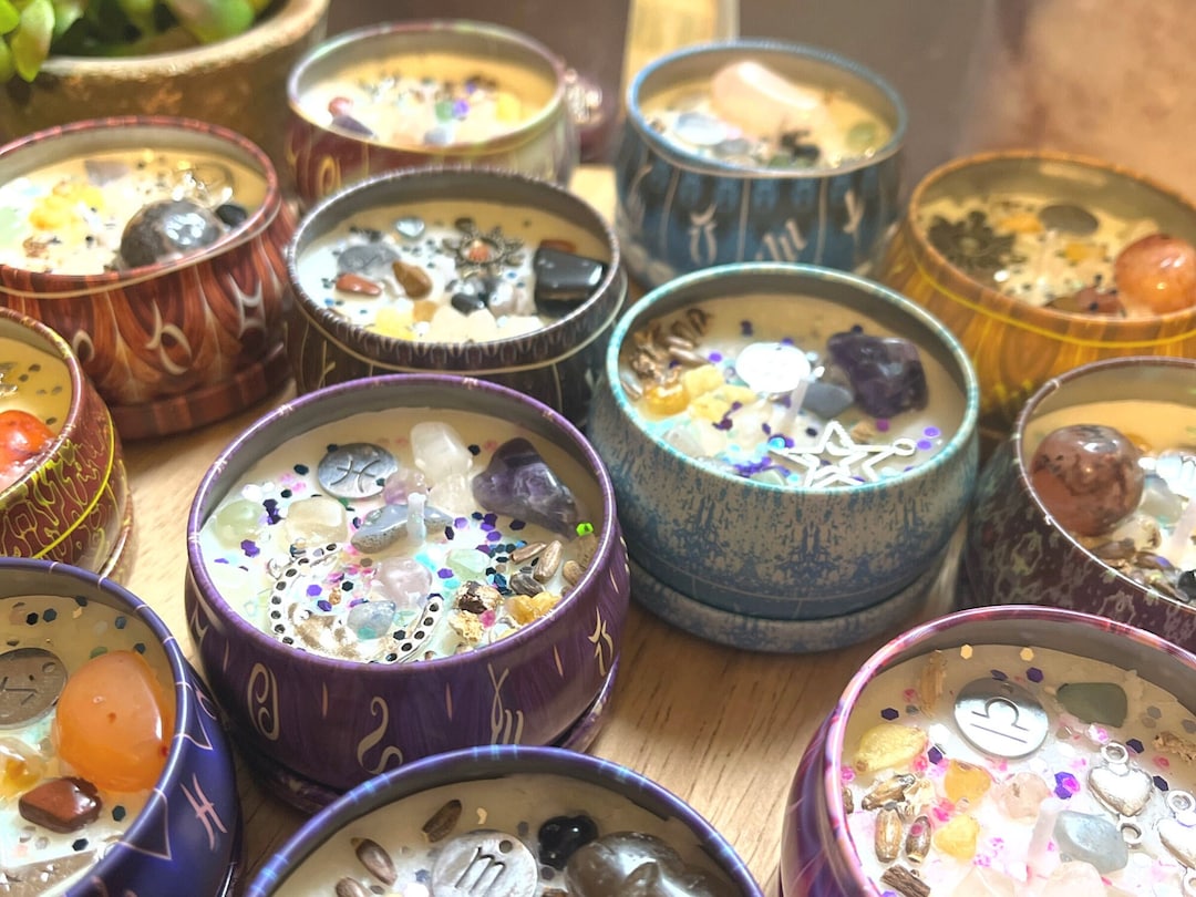 Zodiac Crystal Infused Tin Candles, Crystal and Herb Small Candle Gift