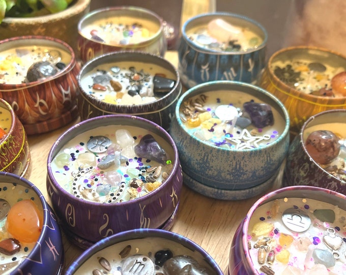 Zodiac Crystal Infused Tin Candles, Crystal and Herb Small Candle Gift, Manifestation Charm Candle, Meditation Candle, Astrology Candle Gift