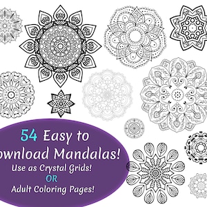 Digitale download. 54 afdrukbare kristallen rasters. Manifestatie. Meditatie. Mandala kristalraster. Mandala kleurplaten. PDF en SVG beschikbaar