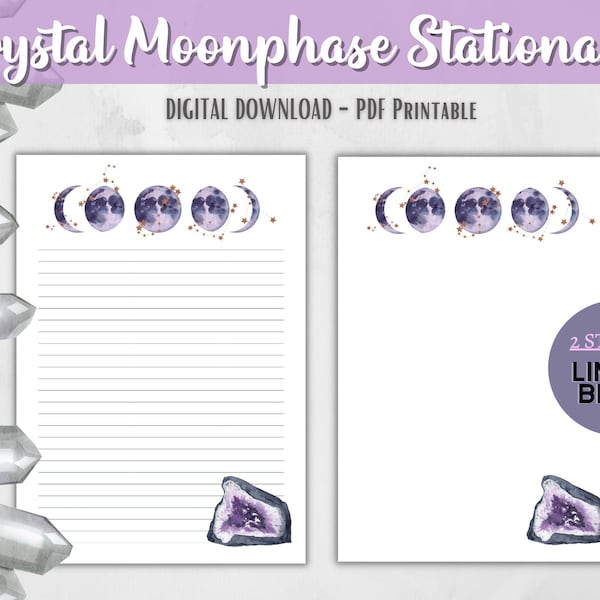 Printable Crystal Moonphase themed stationary, writing paper, blank & lined pages for Grimoire, Journaling, Book of shadows, scrapbooking