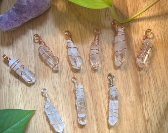 Simple Wire Wrapped Pendant, Clear Quartz Pendant, Spiral Wrap Crystal Pendant, Wire Wrapped Pendant Necklace Gift, Healing Boho Necklace.