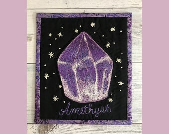 Crystal Aesthetic fabric art, embroidered Amethyst wall art, Applique & thread painted, Crystal decor, gemstone decor for Crystal lovers