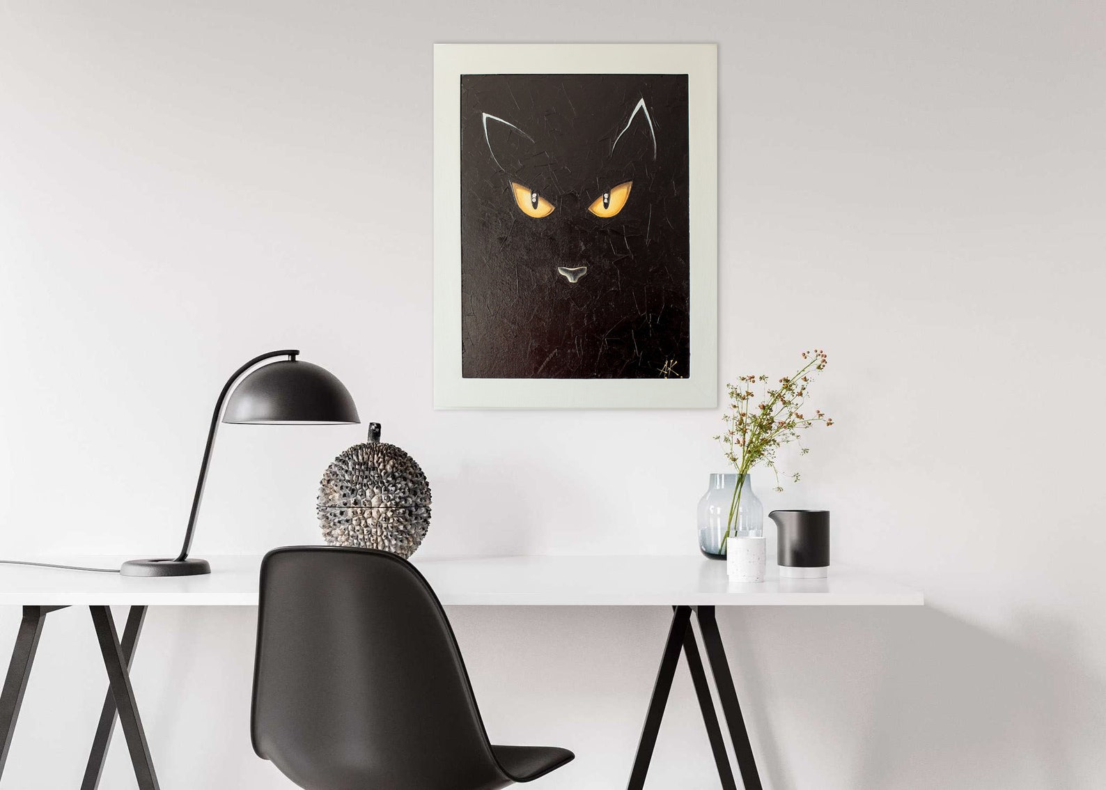 Oil Painting. Original Picture With Unique Modern Frame. Black Cat wall