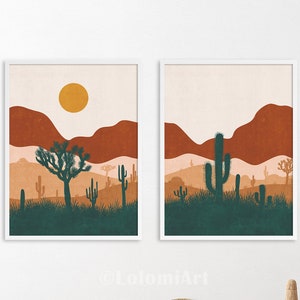 Desert print set of 2, abstract wall art printable, southwestern wall decor, mid century modern art, arizona mountain sunset art print image 1