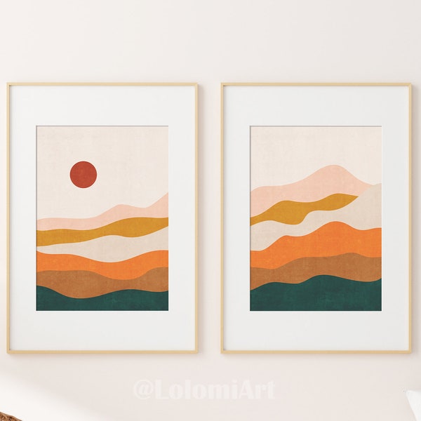 Abstract mountain wall art set of 2 prints, Mid century modern art, Printable wall art set of 2, Boho wall art print, Boho bedroom wall art