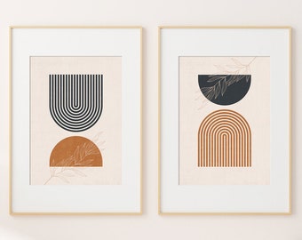 Mid century modern wall art print set of 2, abstract geometric wall art, instant digital download art, black brown minimal gallery art set