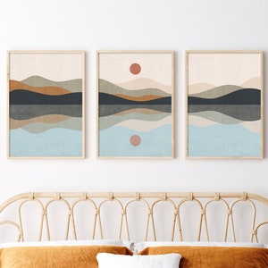 Mountain landscape wall art set of 3 prints, boho bedroom wall art above bed, abstract mountain landscape decor above sofa, digital download