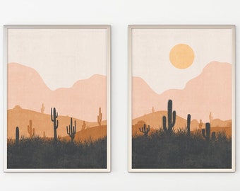 Desert landscape wall art set of 2 prints, boho bedroom printable wall art set, minimalist abstract arizona desert art for living room decor