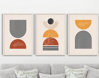 Mid century living room wall decor geometric set of 3 wall art prints, bedroom wall decor over the bed, modern art print set above bed decor