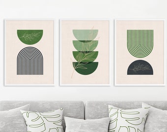 Abstract art set of 3 wall art print, gallery wall bundle, green boho print art set, mid century modern geometric art set of three prints