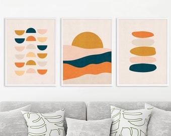 Printable wall art set of 3 prints, geometric abstract mid century modern set of 3 prints, digital download print set, bedroom wall decor
