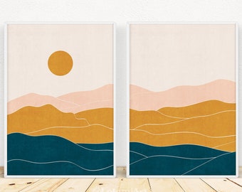 Abstract mountains printable wall art set of 2 prints, modern digital download wall art, mid century modern art, minimalist bedroom wall art