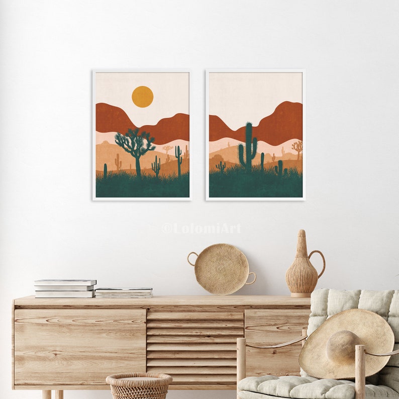 Desert print set of 2, abstract wall art printable, southwestern wall decor, mid century modern art, arizona mountain sunset art print image 1