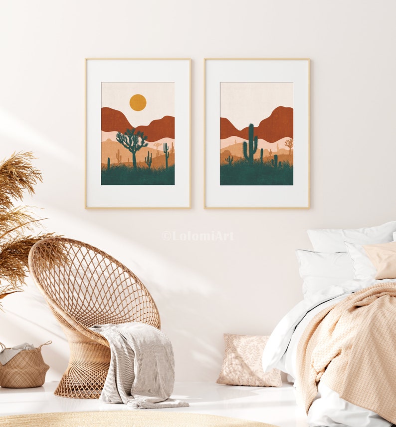 Desert print set of 2, abstract wall art printable, southwestern wall decor, mid century modern art, arizona mountain sunset art print image 3