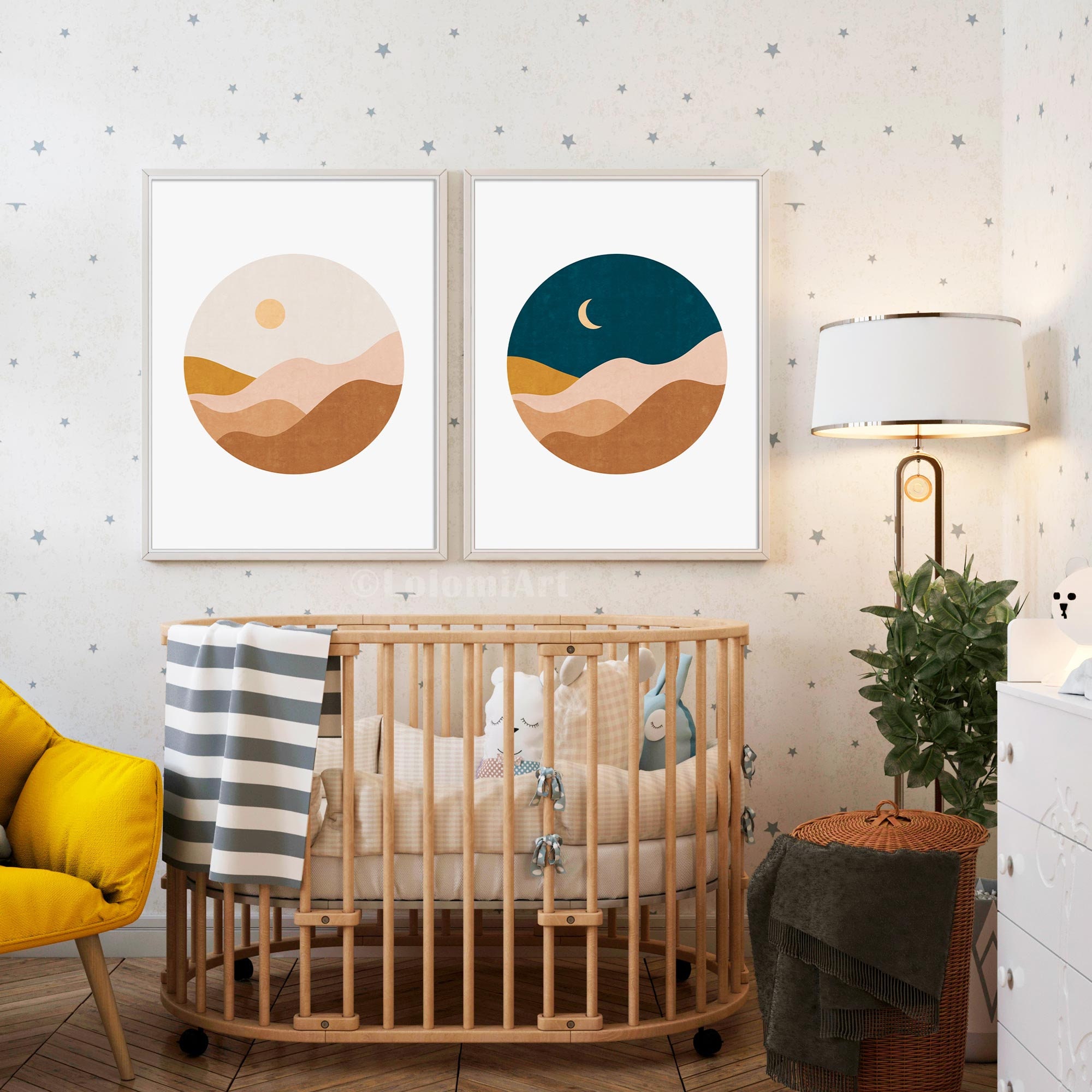 Sun and Moon Set of 2 Prints Printable Wall Art Mid Century | Etsy
