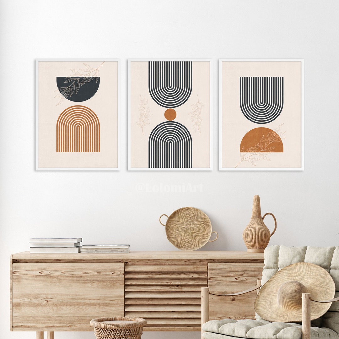 Abstract Art Set of 3 Prints, Mid Century Modern Art Set, Bedroom ...