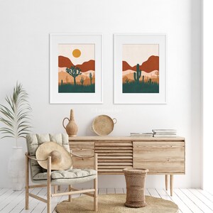 Desert print set of 2, abstract wall art printable, southwestern wall decor, mid century modern art, arizona mountain sunset art print image 4