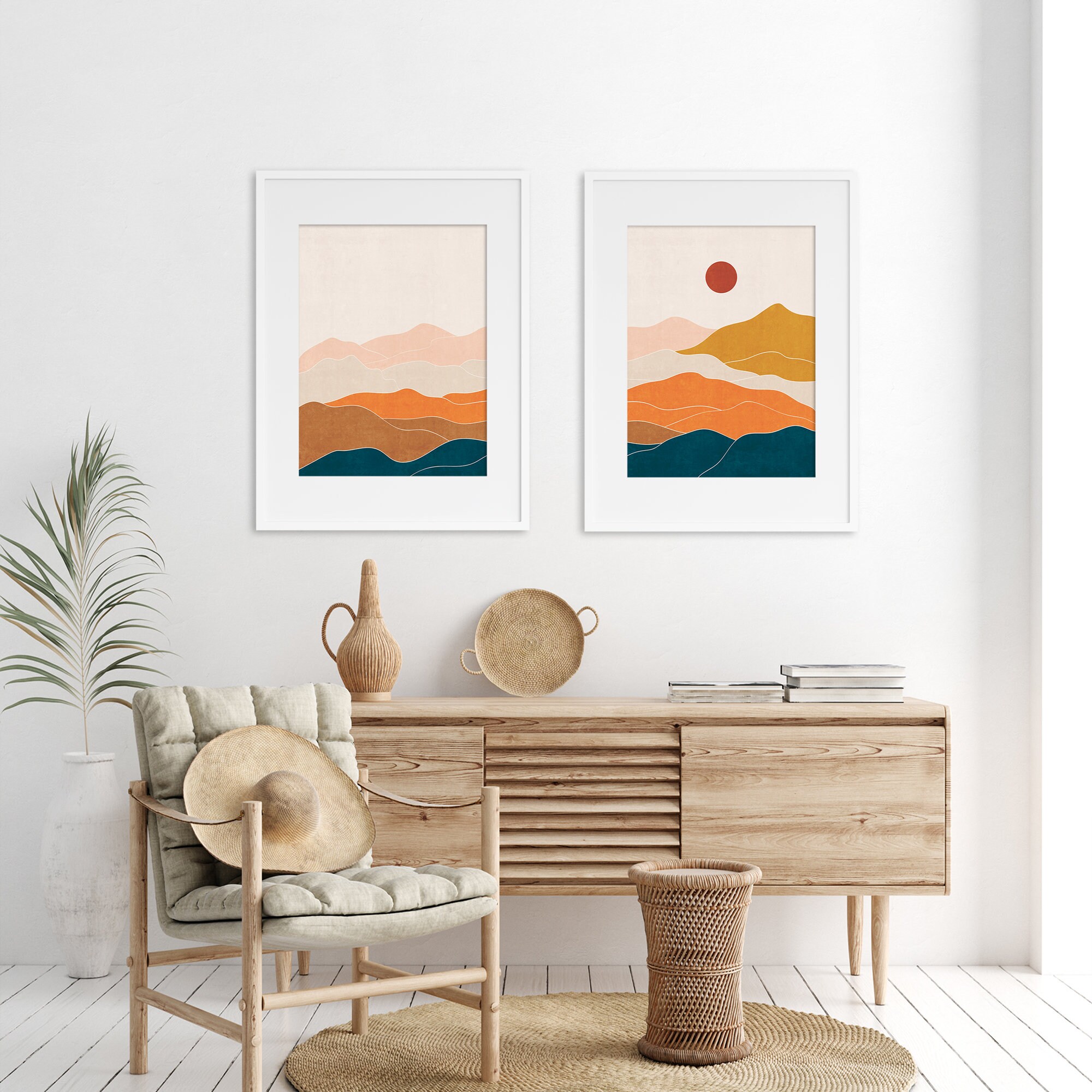 Sun and Mountain Wall Art Set of 2 Prints Mid Century Modern | Etsy